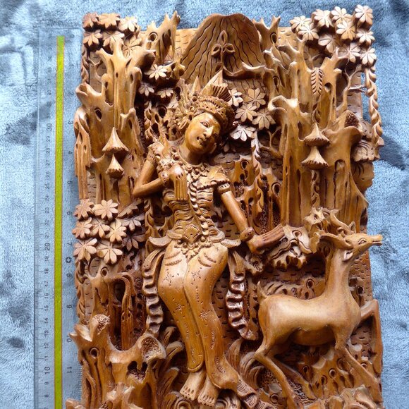 Very detailed hand- carved, Suar wood wall plaque